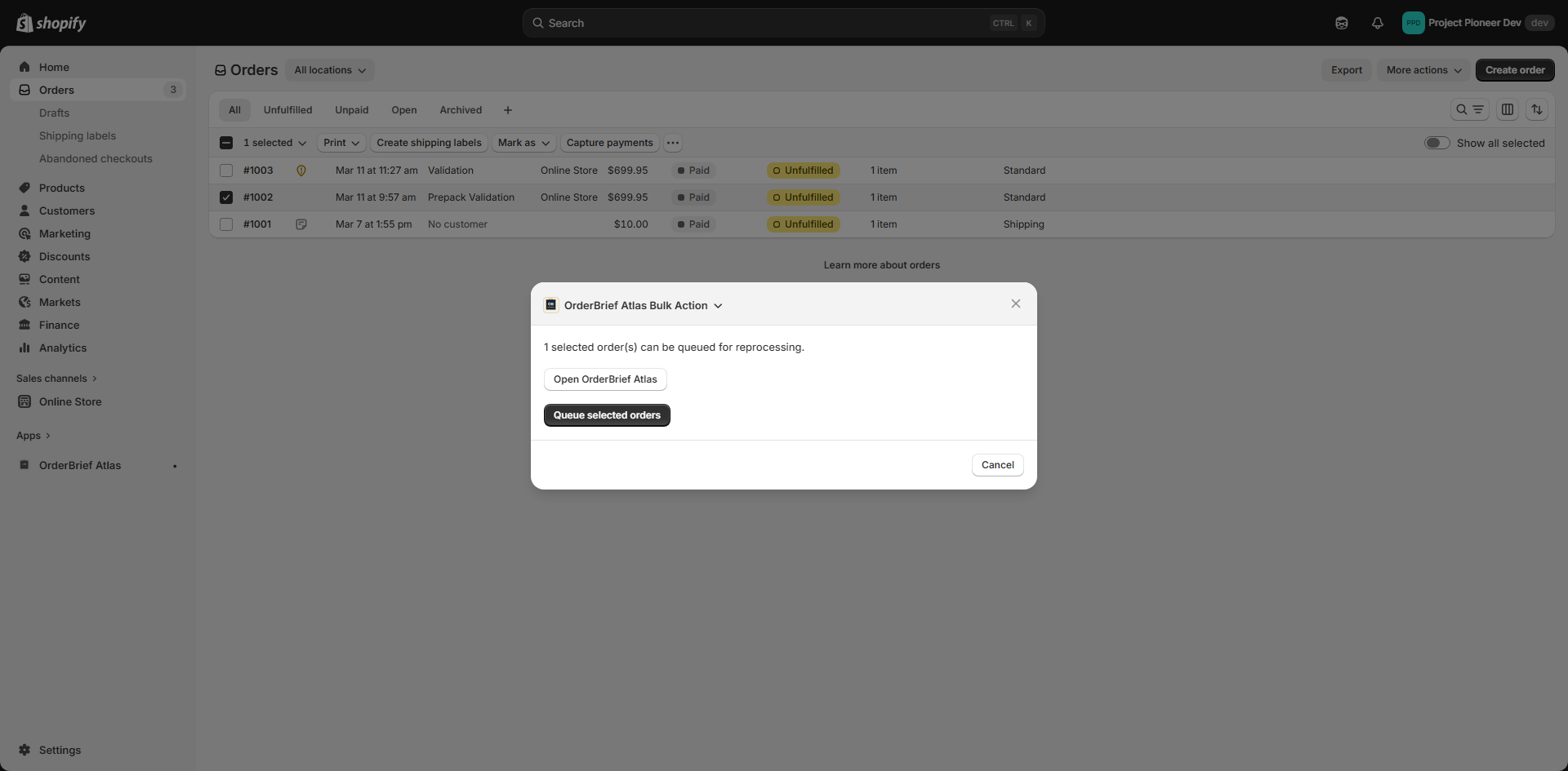 OrderBrief Atlas bulk action surface in Shopify Admin.