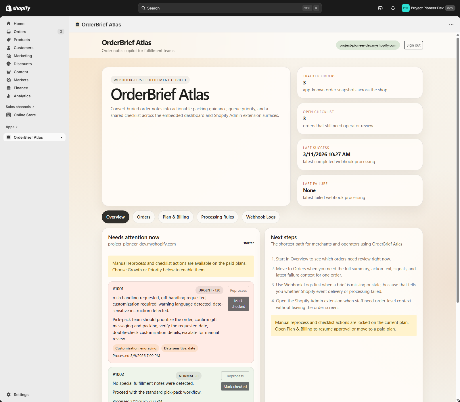 OrderBrief Atlas overview tab with needs-attention cards and next-step guidance.