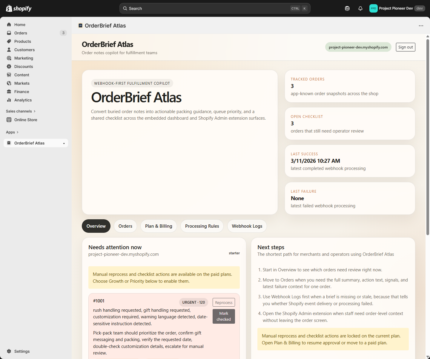 OrderBrief Atlas dashboard inside Shopify Admin.