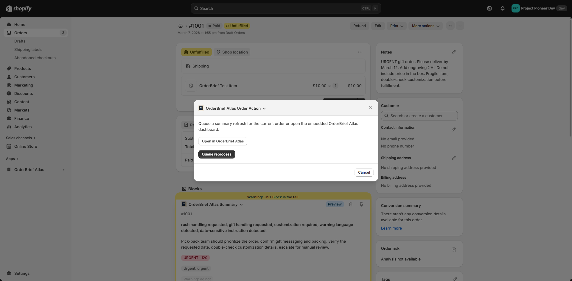 OrderBrief Atlas order action panel in Shopify Admin.