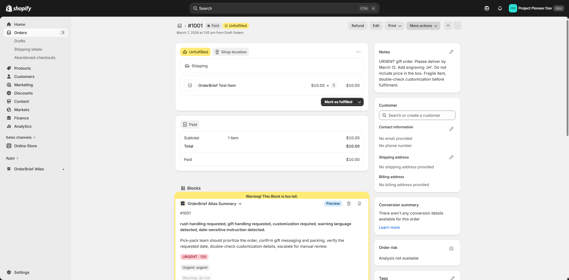 OrderBrief Atlas order summary block in Shopify Admin.
