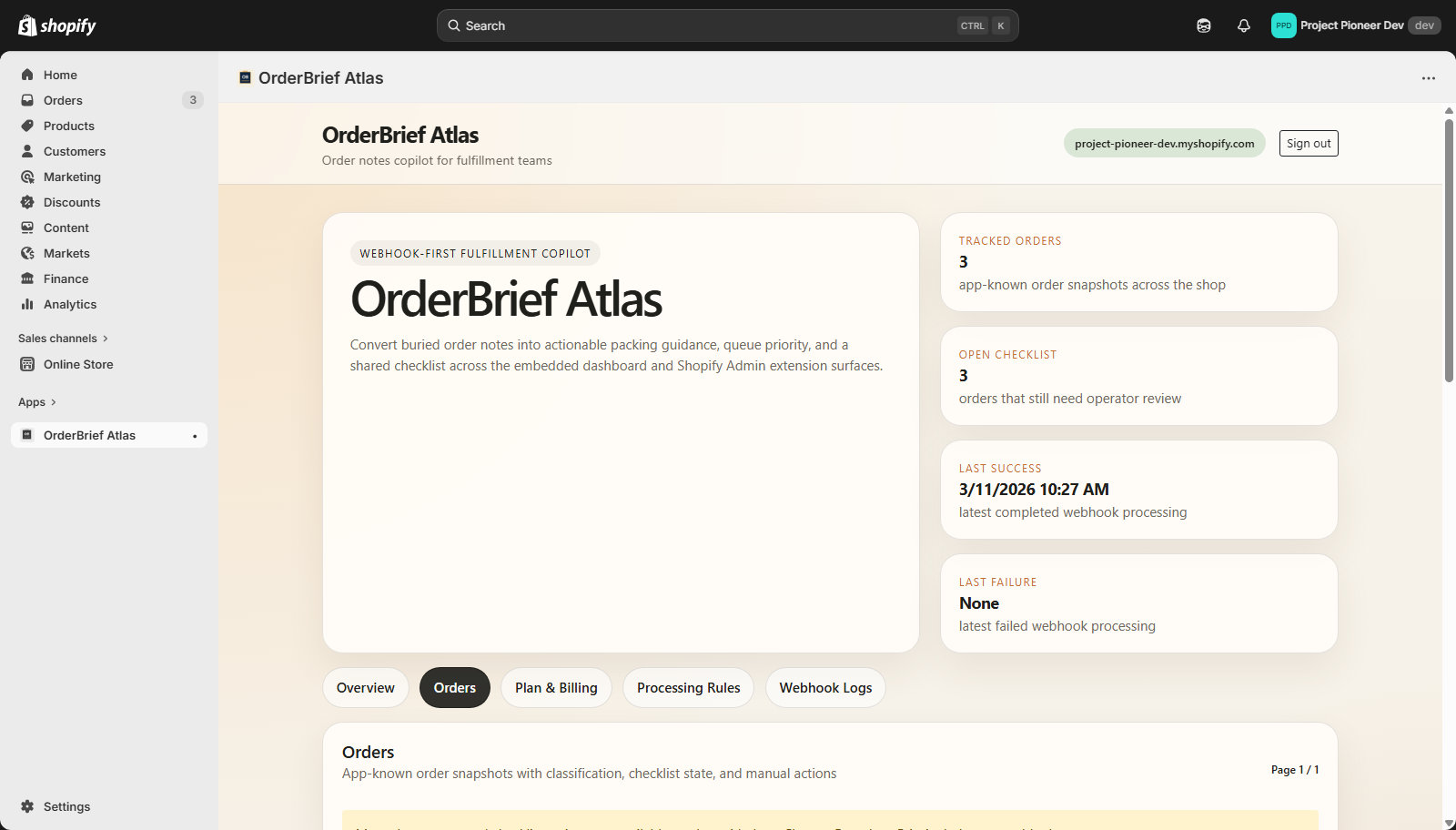 OrderBrief Atlas Orders tab with order summary, action text, signal list, and focused order view.