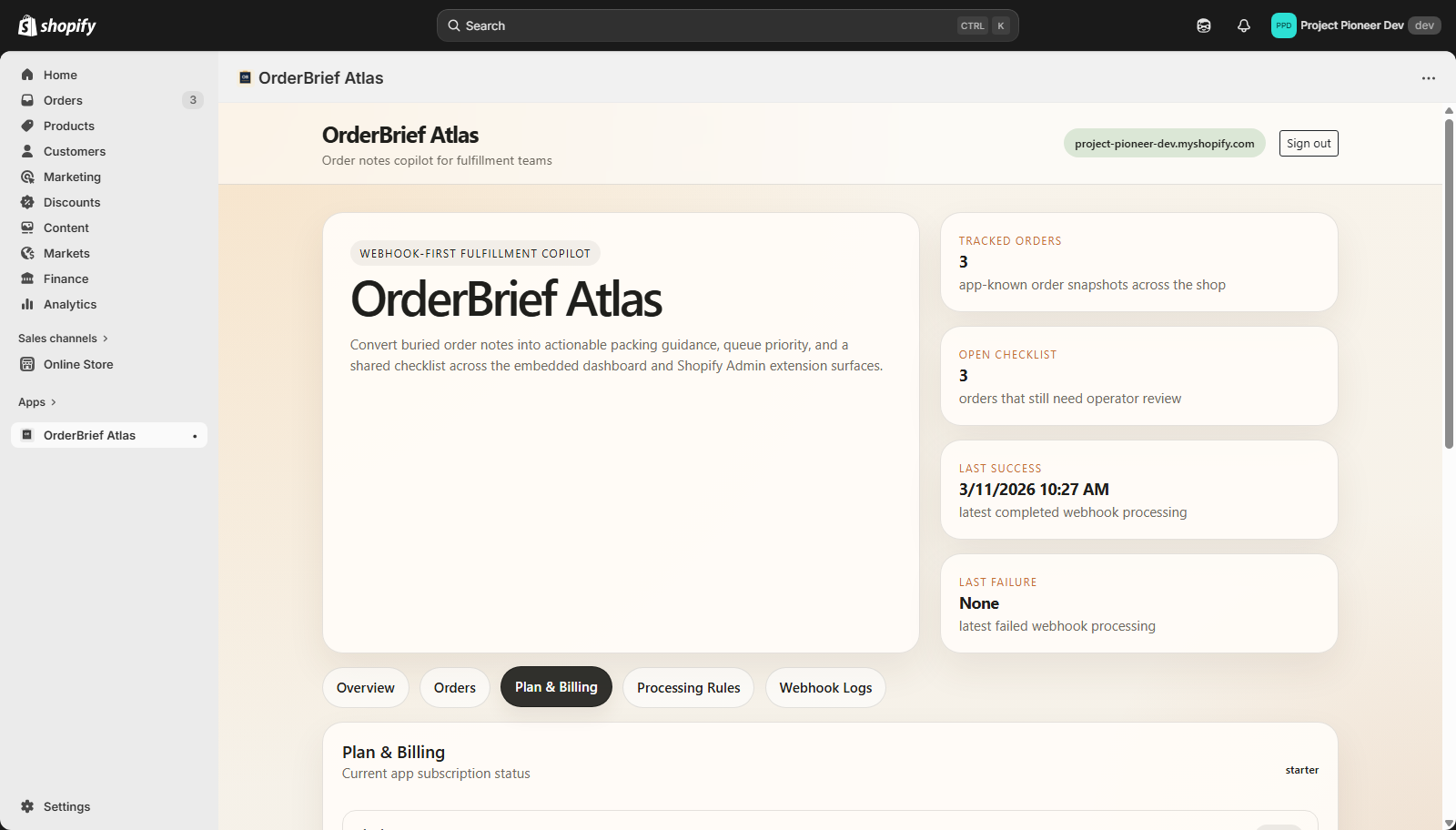 OrderBrief Atlas Plan and Billing tab showing plan-aware status and next billing step.