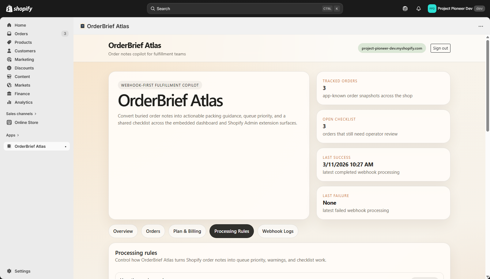 OrderBrief Atlas Processing Rules tab with keyword groups and retention settings.