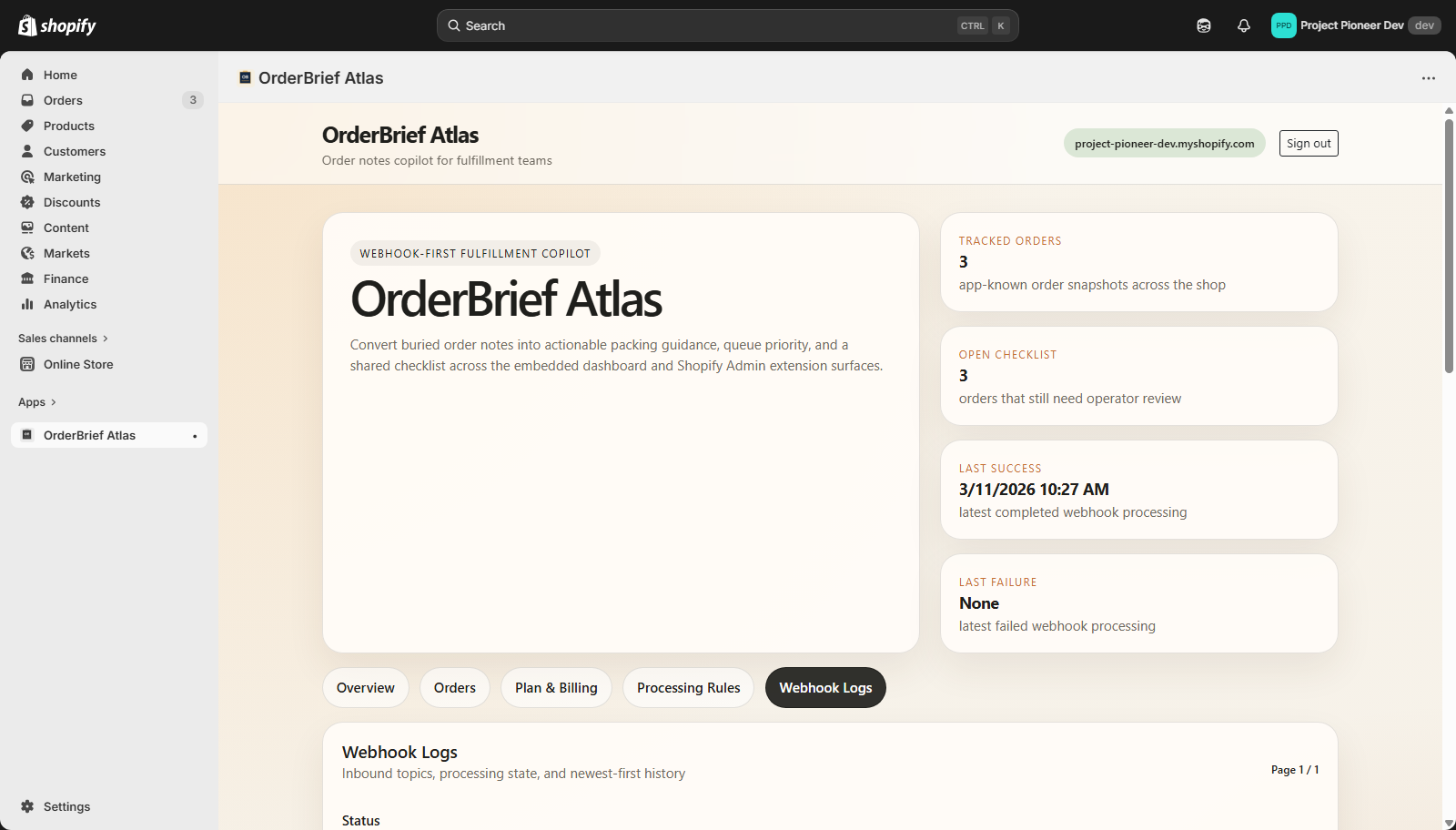 OrderBrief Atlas Webhook Logs tab with event history, status, and failure context.
